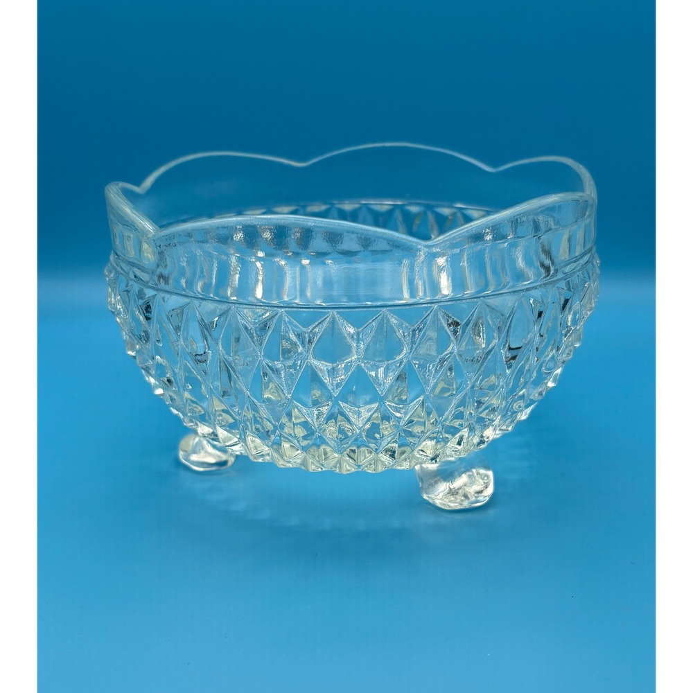 Indiana Glass Vintage Diamond Point Clear 3 Footed Candy Bowl Scalloped 5 Inch